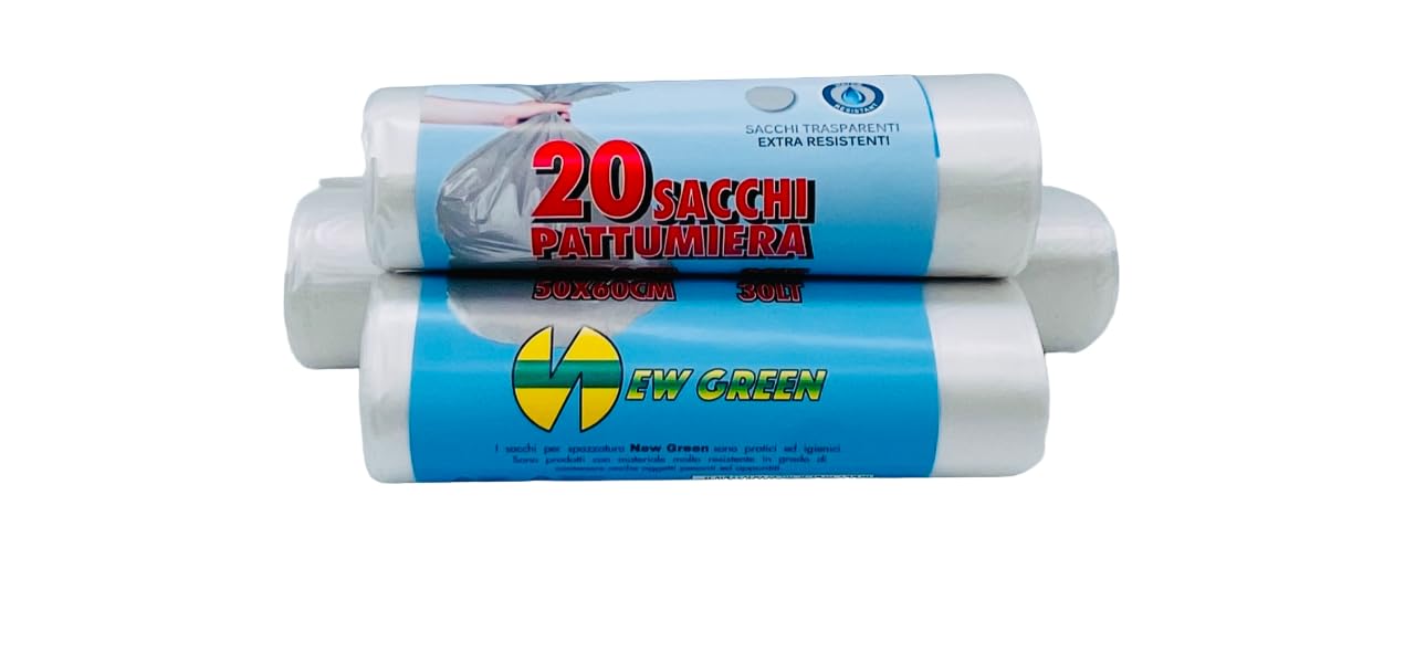 Sacchi pattumiera 50X60, 50 rotoli da 20pz, 1.000 sacchetti New Green NU HDPE (Trasparente)
