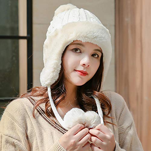 Bonnet tricoté chapeau chaud hiver femmes grand pompon fourrure pour ski et grand froid