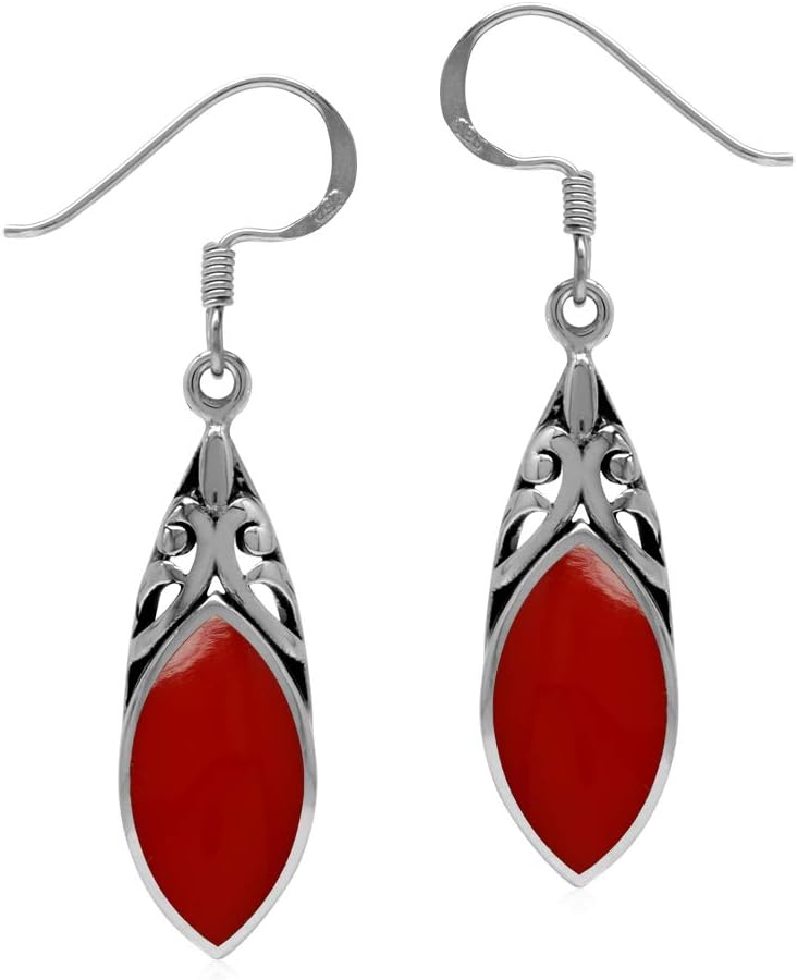 Silvershake 14x7MM Created Marquise Shape Red Coral 925 Sterling Silver Filigree Dangle Hook Earrings