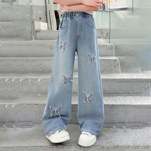 Wide Leg Jeans for Teens Butterfly Print Jeans Kids Elastic Waist Streetwear Denim Baggy Pants with Pockets 5-14Y3