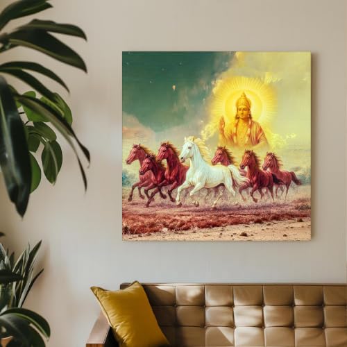 Image of PAINTINGMANRA Shurya Dev 7 Running Horses Canvas Wall Art Painting For Living Room Seven Horse Vastu Feng Shui Canvas Painting Positive Energy Wall Art For Home, Office, 22x22 Inch