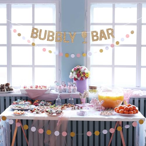 Image of Pre-Strung Bubbly Bar Banner - Gold Glitter Champagne Mimosa Bar Banner | No DIY - Pre-Strung on 10 ft Strand - Drink Sign - Pearls & Prosecco Bridal Shower Brunch Bachelorette Party Decorations