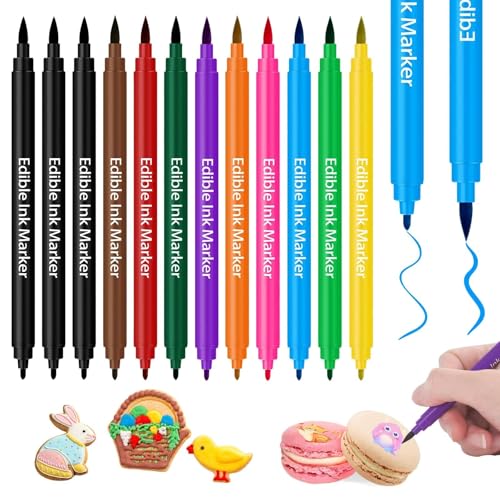 Tuxvealu 12Pcs Stylo Colorant Alimentaire, Stylo Marqueurs Comestibles, Edible Pigment Pen Marqueur Double Face, Feutre Alimentaire Stylo Décoration Oeufs de...