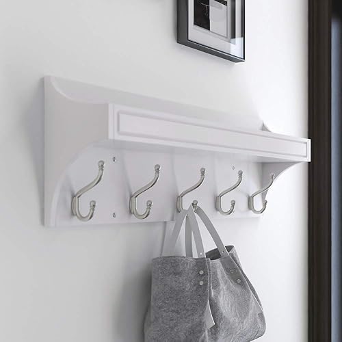 Miniatura 2 de Franklin Brass Classic Arch - Perchero de 27 pulgadas con estante de bandeja para montaje en pared, color blanco puro, con 5 ganchos y estante |