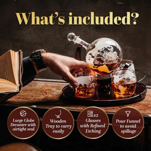 Foto von Kemstood Whiskey-Dekanter-Sets, geätztes Weltkugel-Design mit Holzständer & 2 Gläsern, ideal für stylisches Trinken, Heimdekoration, einzigartiges Whisky-Geschenk für Herren, 850 ml Fassungsvermögen