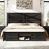 LUXOAK Farmhouse Queen Size Bed Frame with Sliding Barn Door Storage, 49' Tall Headboard Wood Bed Frame, Rustic Platform Bed Frame Wooden Slats & Metal Support, No Box Spring Needed, Deep Brown