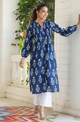 Image of Janasya Women's Pure Cotton Floral Printed A-line Kurta