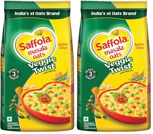 Image of Saffola Masala Oats | 750g |Veggie Twist | Tasty, Anytime Snack | Ready in 3 mins | Millets Goodness- with Bajra & Jowar | No maida, No added preservatives | Oats helps manage weight (Pack of 2)