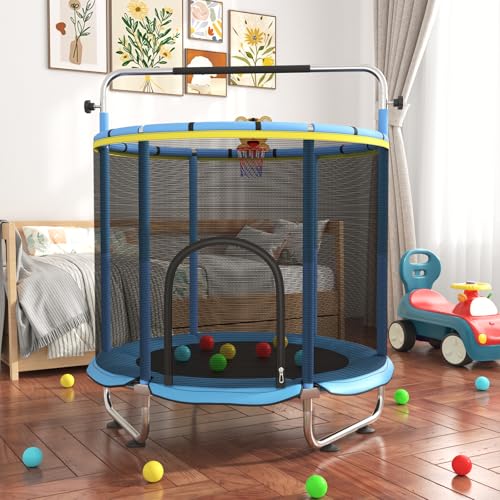 60" Toddler Trampoline for Age 2-4, 10ft Mini Kids Trampoline Indoor with Basketball Ball Adjustable Gymnastics Bar & Toys Swing Enclosure Net for Backyard ASTM Approved - image 2