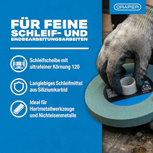 Draper Tools Expert Siliziumkarbid-Tischschleifscheibe, 150 x 20 mm, Körnung 120, 31,75 mm Bohrung, inkl. 5 Reduzierringe, für Hartmetallwerkzeuge und Nichteisenmetalle