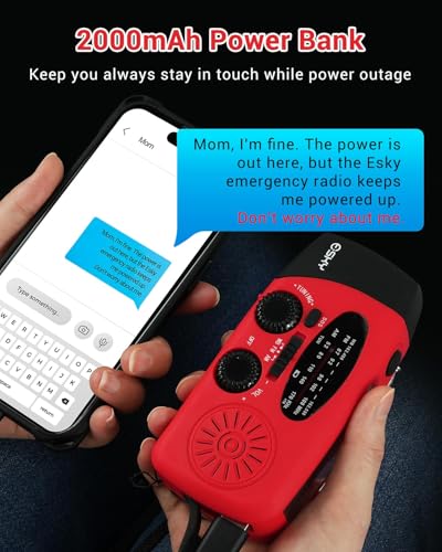 Image of Portable Emergency Weather Radio Hand Crank Self Powered AM /FM /NOAA Solar Radios with 3 LED Flashlight 1000mAh Power Bank Phone Charger (Red) (B12)
