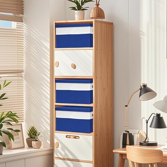 Fabric Storage Bins with Lids, 15x11x9.5 Inch Collapsible Organizer Baskets for Shelves, Closets, Storage Rooms, Home Decor, 2 Pack, White & Blue