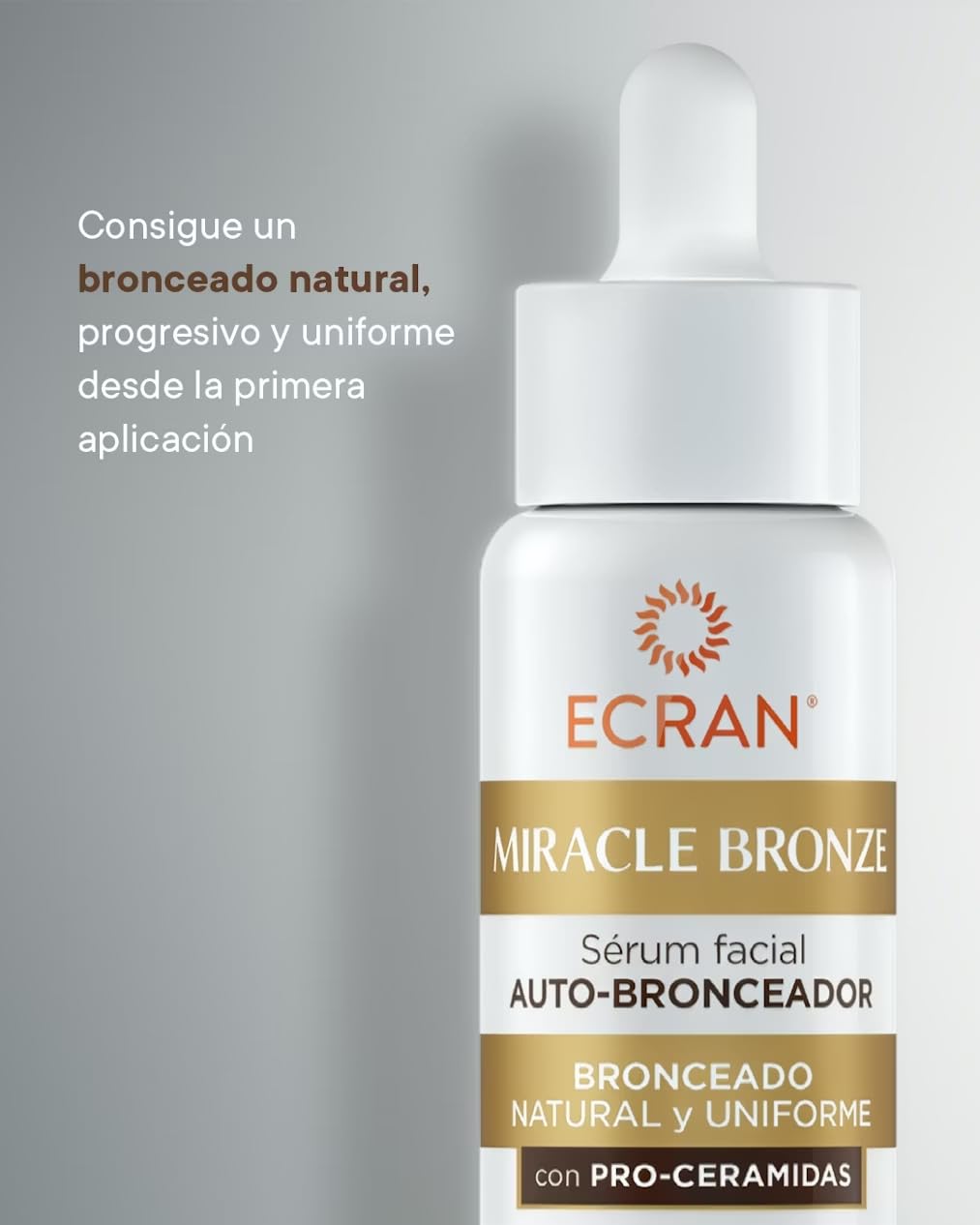 ECRAN Miracle Bronze Autobronceador Facial - Loción Bronceadora con Pro-Ceramidas - Bronceado Natural, Uniforme y Progresivo sin Sol - Textura Ligera, No Reseca ni Engrasa - 4 Días de Duración - 50 ml