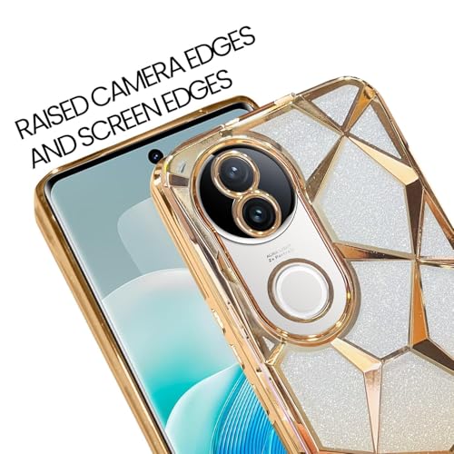 Image of VONZEE Gradient Glitter Case for VIVO V50e, Luxury Electroplated 3D Cube, Diamond Bling Shiny Soft TPU Clear Shockproof Women Girls Protective Phone Cover (Gold)