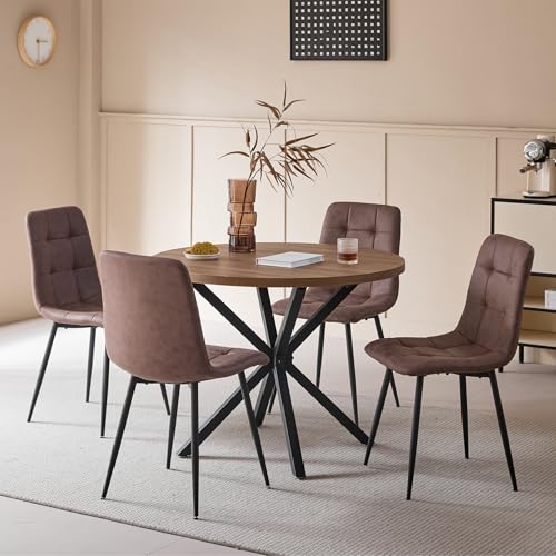 DEYARNA Ensemble de salle à manger 5 pièces ronde 100 cm 4 chaises cuir synthétique cuisine salon balcon restaurant bureau (couleur bois foncé + marron...