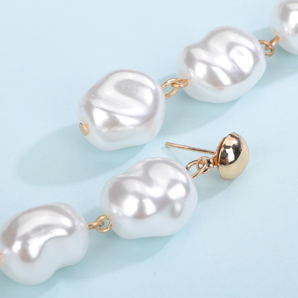 Jumwrit Boho Long Pearl Drop Dangle Earrings Vintage Golden Pearl Stud Earrings Dainty Bridal Wedding Irregular Pearl Chain Earrings Accessories for Women - Image 6