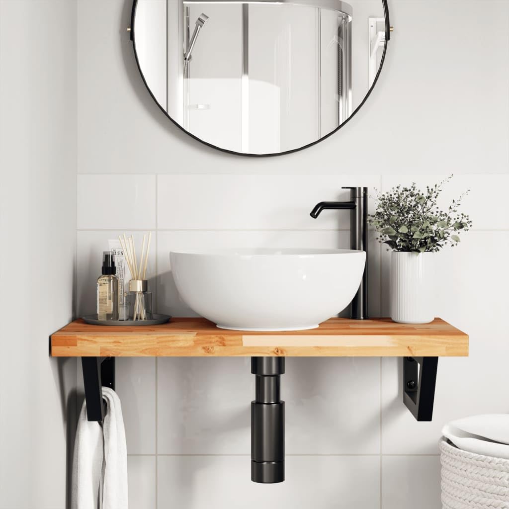 Estantería para lavabo, montaje en pared, acero, madera de acacia | Flotante, forma trapezoidal, ahorro de espacio, madera maciza, para baño