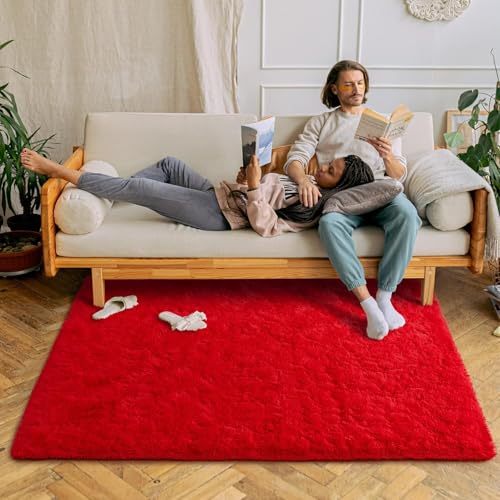 Image of Carpet for Hallway, Kitchen, and Modern InteriorsCarpetCozy Shag Runner for Living Room, Bedroom & Office Decor ETC Size 5x8 feet, Patten-Solid Red