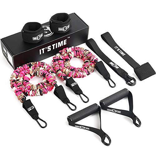 INNSTAR Resistance Bands Set, Exercise Bands with Protective Sleeves, Door Anchor, Handles, Ankle Straps & Carry Bag for Resistance Training, Muscle Builder, Home Workouts, Yoga (43LB Ladys Set)