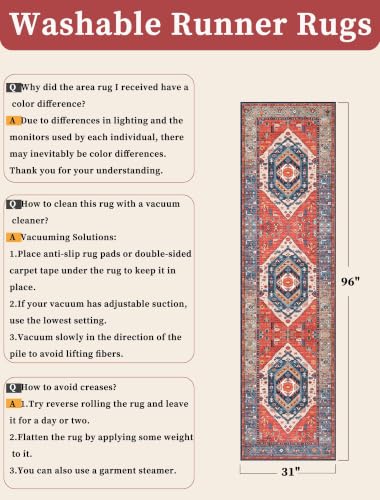 Image of SERISSA Runner Rug for Hallways, 2'6 inchx8' Washable Non Slip Boho Kitchen Runner Rug, Vintage Rust Ultra Soft Print Distressed Tribal Floor Carpet for Bedroom Bathroom Laundry Room