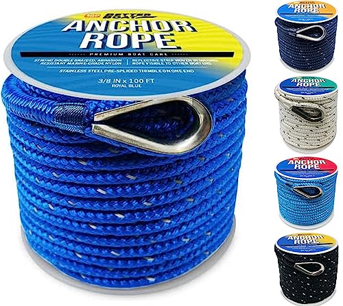 Image of Better Boat Premium Anchor Rope, 100 Ft Double Braided White Nylon Marine | Line, Reflective 3 /8 Inch Reel for Anchors and Boats, Royal Blue