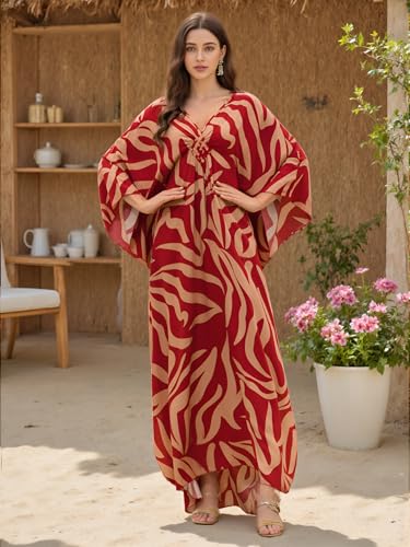 Image of IMAGEKOPE Women's Plus Size Animal Print V-Neck Batwing Kaftan Beach Dress Bathing Suit Cover-Up Loungewear