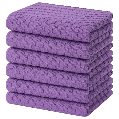 Homaxy 100% Cotton Terry Kitchen Towels(15 x 25 6 Pack) Soft and Super Absorbent Dish Towels 380 GSM Reusable Tea Towel with Hanging Loop Pineapple Grid Designed Purple