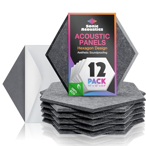 Image of Sonic Acoustics Self-Adhesive 12 Pack Hexagon Acoustic Panels, 14 inch X 12 inch X 0.4 inch High Density Sound Absorbing Panels Sound Proof Insulation Beveled Edge Studio Treatment Tiles-Dark Grey