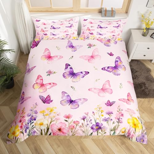 Homemissing Papillon Housse de Couette 140x200cm Papillons Imprimer Ensemble de literie pour Garçons Filles Fleur Parure de Lit Joli Animaux Chambre à...