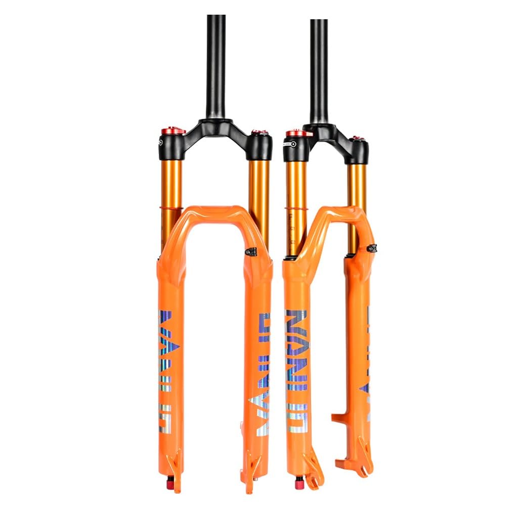 Forcella per bici da 26 27,5 29 pollici, sospensione pneumatica dritta da 1-1/8", freno a disco anteriore da 140 mm, sgancio rapido da 9 x 100 mm, regolazione dell'ammortizzazione manuale/remoto (dri