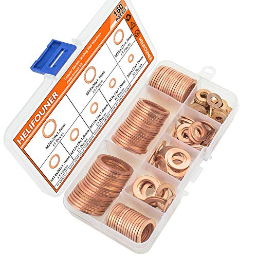 HELIFOUNER Copper Washers, 150PCS 8 Sizes Copper Metric Sealing Washers Flat Washers Assortment Kit - Thumbnail 2