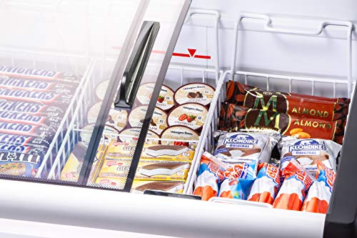 Image of Duura Commercial Mobile Ice Cream Display Chest Freezer Sub Zero Temp Curved Glass Top Frost Free Lid with 3 Wire Baskets, 31.5 Inch Wide 4.87 Cubic Feet, White