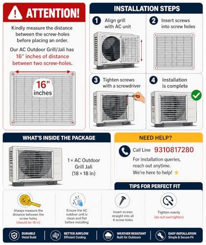 Image of AC Jali - 18x18 Inch Outdoor Unit Grill, Universal Size for 1.5 Ton, Durable Rust-Free PVC Plastic, Weather Resistant, Easy Install | Match Size Before Purchase | Screw Type:- Up (2)
