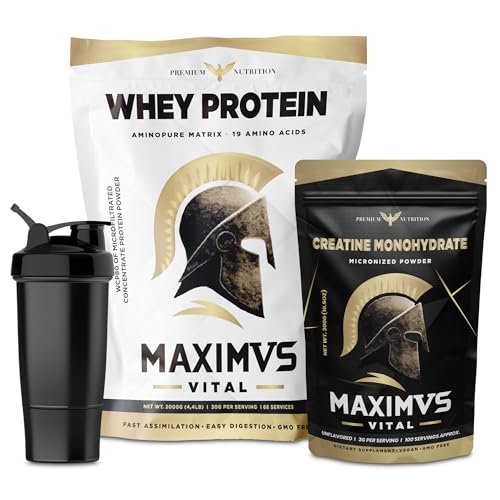 Proteinas Whey MAXIMUS VITAL 2kg Chocolate Blanco + Creatina 300g + Shaker de Regalo | Pack Todo en Uno +2 Meses Entrenamiento | Energía, Rendimiento, Recuperación | Cremosa y Deliciosa