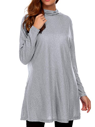 UNibelle Women's Basic A-line Loose Turtleneck Long Sleeve Ribbed Tunic Top Gray