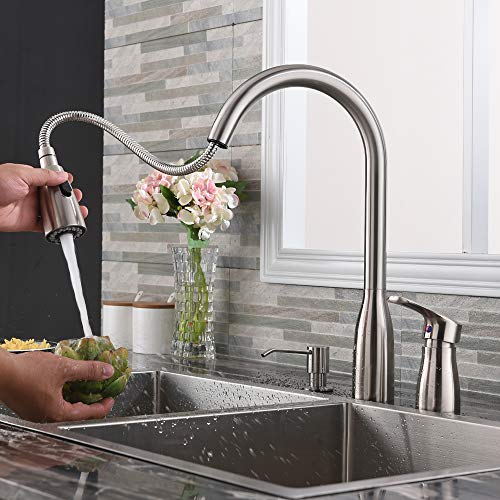 Hotis 3 Hole Pull Out Prep Sprayer Stainless Steel Single Handle Pull Down Kitchen Faucet, Sink Faucet Brushed Nickel Kitchen with Side Single Handle and Soap Dispenser