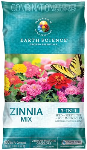 Earth Science Zinnia Wildflower Mix—6lb – 3-in-1 Seeds Plant Food & Soil Conditioner – Non-GMO Vibrant Blooming Flowers for Gardens Low Maintenance Attracts Pollinators – Covers 600 Sq Ft Eco-Friendly