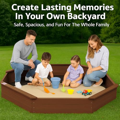 85\"x78\" Octagon Wooden Sandbox with Waterproof Cover & Liner, Large Outdoor Sandpit with Benches, Fir Wood Sand Box for Kids Backyard Play, Weather-Resistant,Walnut - Thumbnail 4