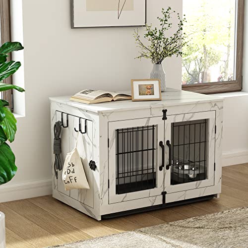Piskyet Wooden Dog Crate Furniture With 360° Rotatable Removable Dog Bowls, Dog Crate End Table With Tray, Double Doors Dog Kennels Indoor For Small To Medium Dogs, Marble White, 32 Inch #TOP7
