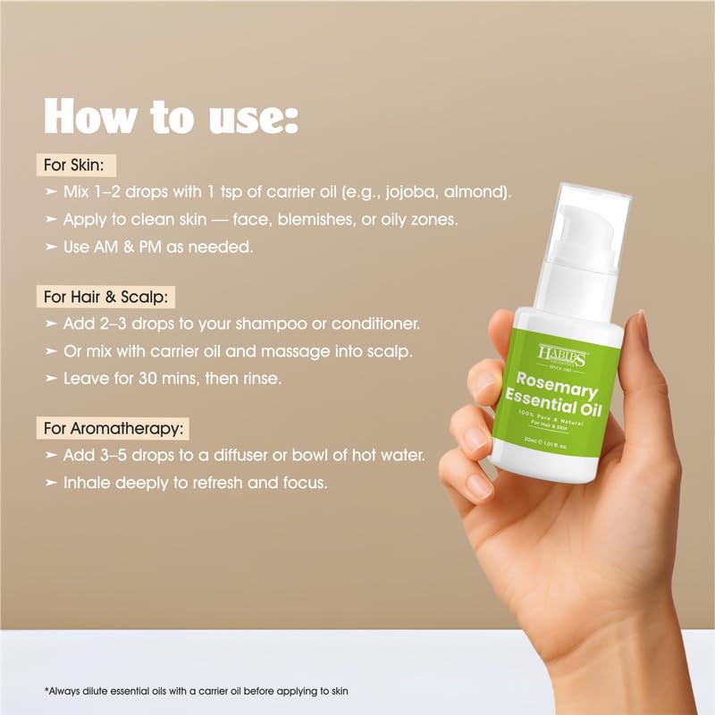 Image of Habibs Pure Rosemary Essential Oil - 100% Undiluted, Therapeutic Grade for Hair Growth, Focus & Aromatherapy 30ML