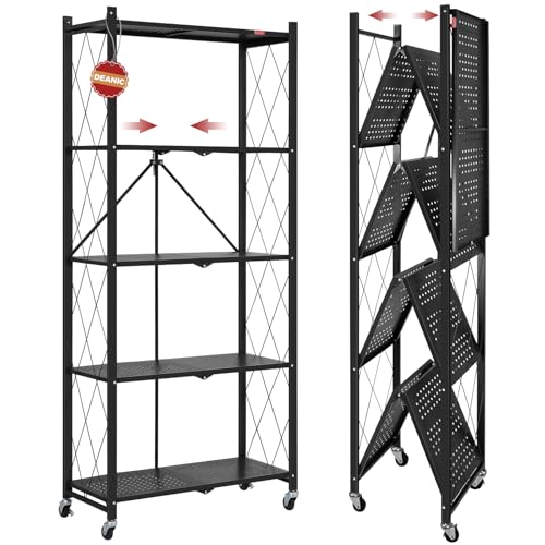 DEANIC 5 Tier Foldable Storage Shelves with Wheels, Large Capacity Shelving Unit, Freestanding Metal Wire Shelf Rack, No Assembly Organizer Rack for Garage Kitchen, Basement, Pantry(Black)