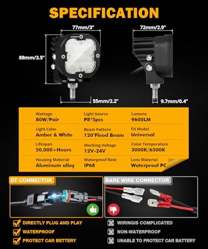 Image of Auxbeam LED Pod Light XP-Ultra Series 3 Inch Offroad Auxiliary Light, Flood | 120 Wide Flood Beam, 80W 9600LM, Amber White Covers, Off-Road Ditch Light, LED Cube Driving Lights, Wiring Harness Included