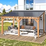 YODOLLA 14' x 10' Outdoor Wood Gazebo for Patio, Lean to Hardtop Cedar Pergolas and Gazebos Clearance, Wall Mounted Wooden Gazebo Heavy Duty Awnings for Patio, Decks, Backyard