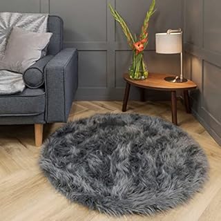 Slate Faux Fur Sheepskin Round Rug Fluffy Fleece Dark Grey Shaggy Bedroom Circle Area Rugs Soft Thick Polyester Chair Mat Lounge Living Room Playroom Floor Carpet 100cm x 100cm