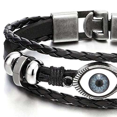 COOLSTEELANDBEYOND Mens Womens Three-Row Leather Evil Eye Beads Charms Bracelet Wristband Wrap Bracelet3