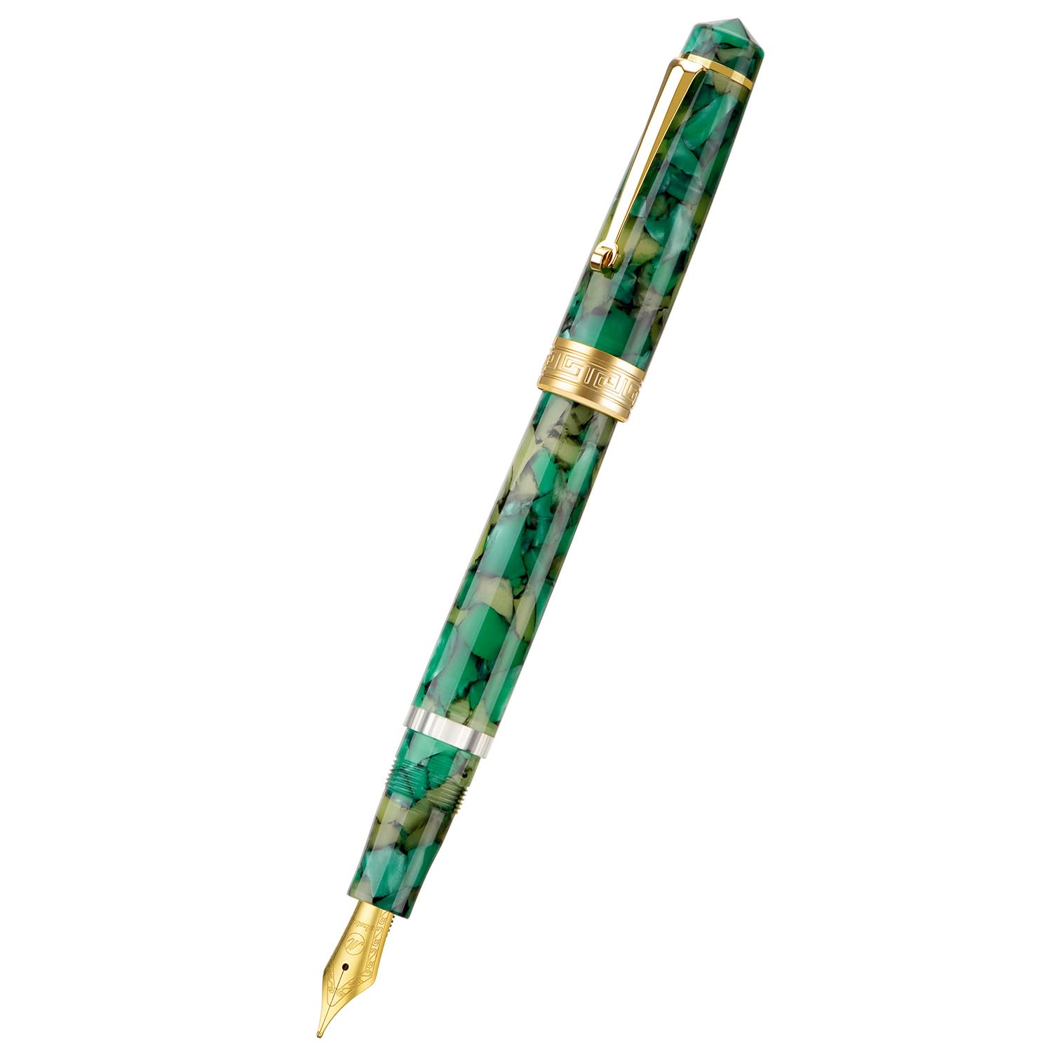 Asvine P20 Stylo plume à piston Vert marbré en acrylique, pointe fine avec finition dorée Collection Smooth Writer avec étui