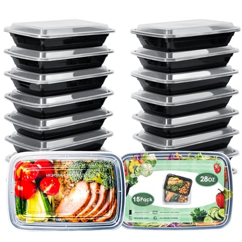 Meal Prep Containers, 28oz 15 Pack Extra-thick Food Storage Containers with Lids, Reusable Plastic Bento Lunch Box, Disposable Bento Box, BPA Free, Stackable, Microwave/Dishwasher/Freezer Safe…