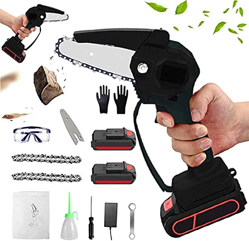 Auoeer Mini Chainsaw Portable Rechargeable Cordless Electric Power Chain Saw Handheld 4In 24V 2000mAh Splash Guard Safety Switch Button 2Chain and 2Lithium Battery for Wood Cutting Tree Pruning Tools