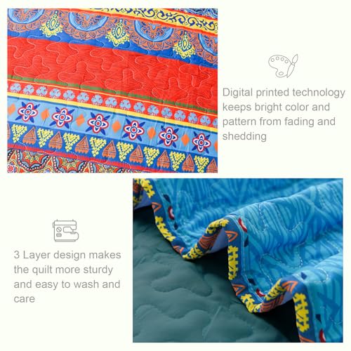 Exclusivo Mezcla Reversible Boho Quilt Set King Size, 3 Pieces Bohemian Blue All Season Bedspreads, Ultra Soft Floral Coverlet Bedding Set with Printed Pattern (1 Quilt, 2 Pillow Shams)
