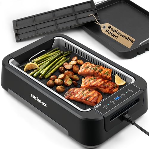Image of Indoor Grill, CUSIMAX Electric Smokeless Grill & Griddle, Black, 1500W | With REPLACEABLE Smoke Filter Sponge /Smart LED Display /Non Stick 2 in 1 Grill & Griddle Plates /Larger Grilling Area